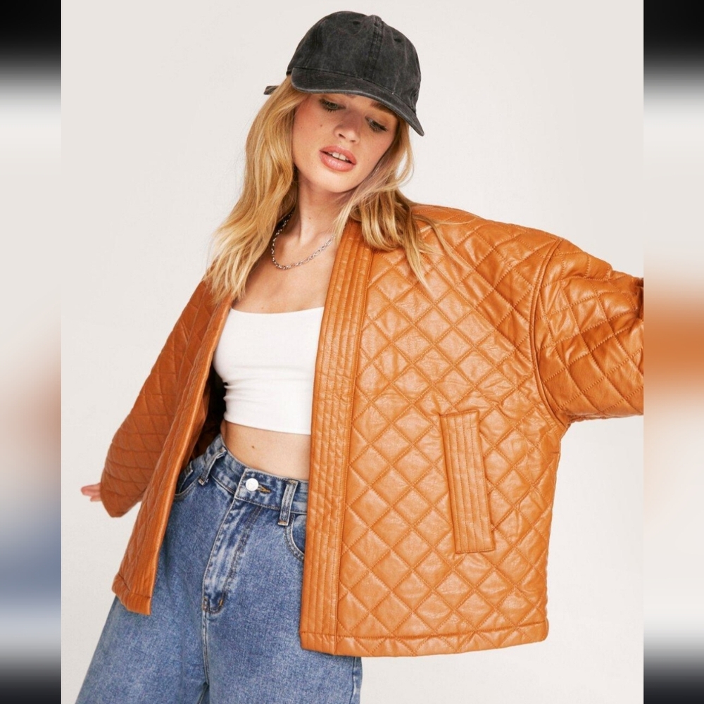 Nasty Gal Tan Quilted Leather Jacket - Picture 2 of 13